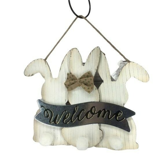 EASTER Bunny rabbit Wood & Metal Door‎ Welcome Sign Decoration Boho - Picture 1 of 8